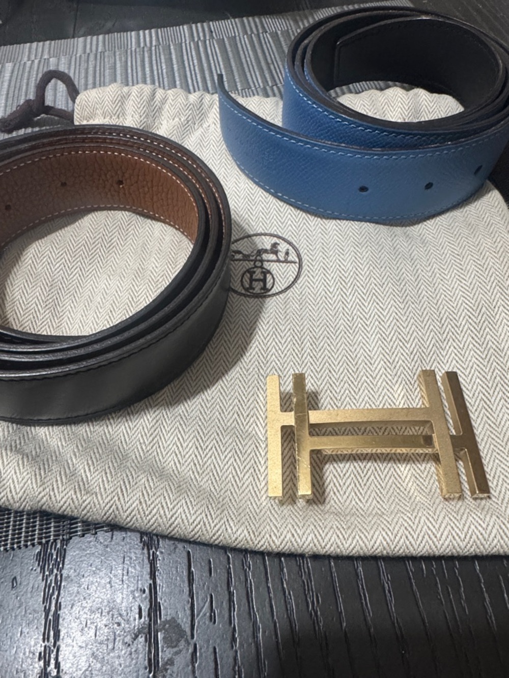 Hermes Reversible Black/Brown and Blue/Black Leather Belts with Gold H Buckle